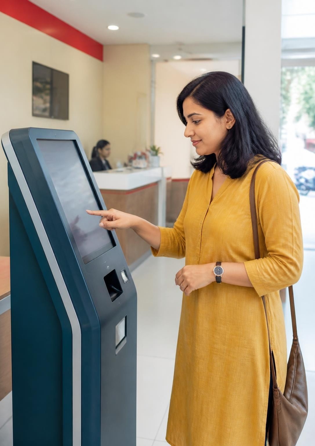Concept image of a customer using a touchscreen self-service kiosk